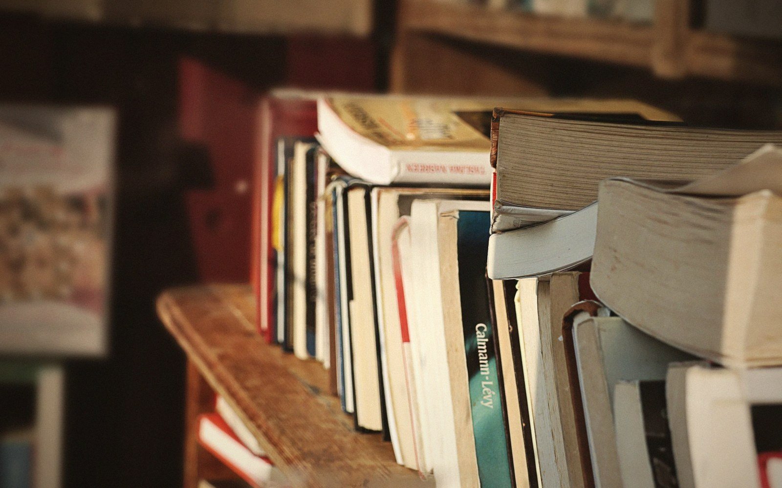 Worn paperbacks and hardcovers stacked tightly along a wooden shelf