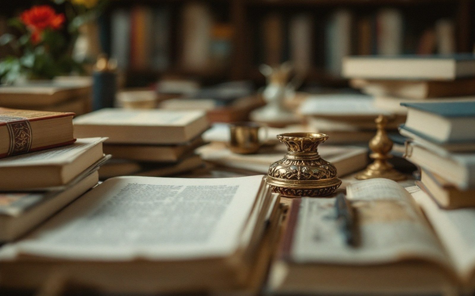 A brass inkwell rests atop an open book surrounded by stacked volumes on a cluttered desk