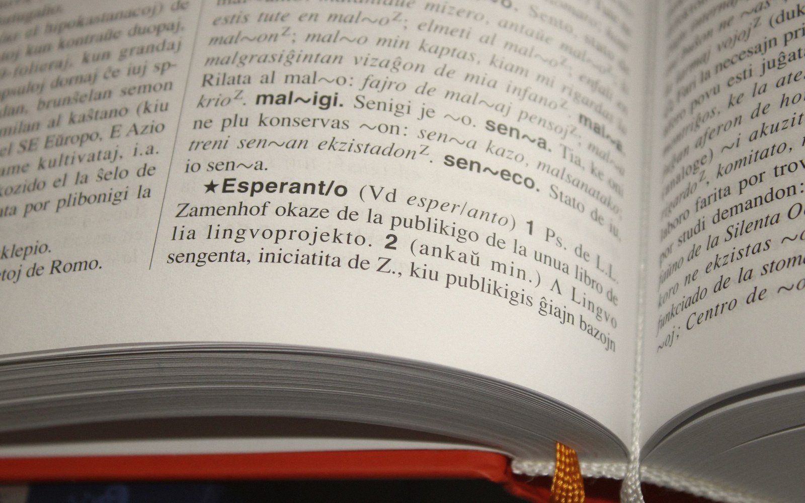 An open dictionary page showing the entry for "Esperanto" printed in Esperanto