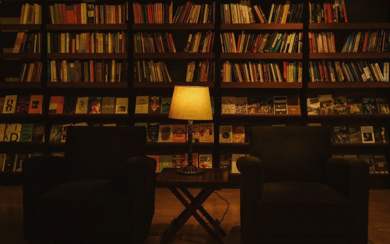 A low-lit reading chair beside a standard lamp, a closed book on the armrest, no person present